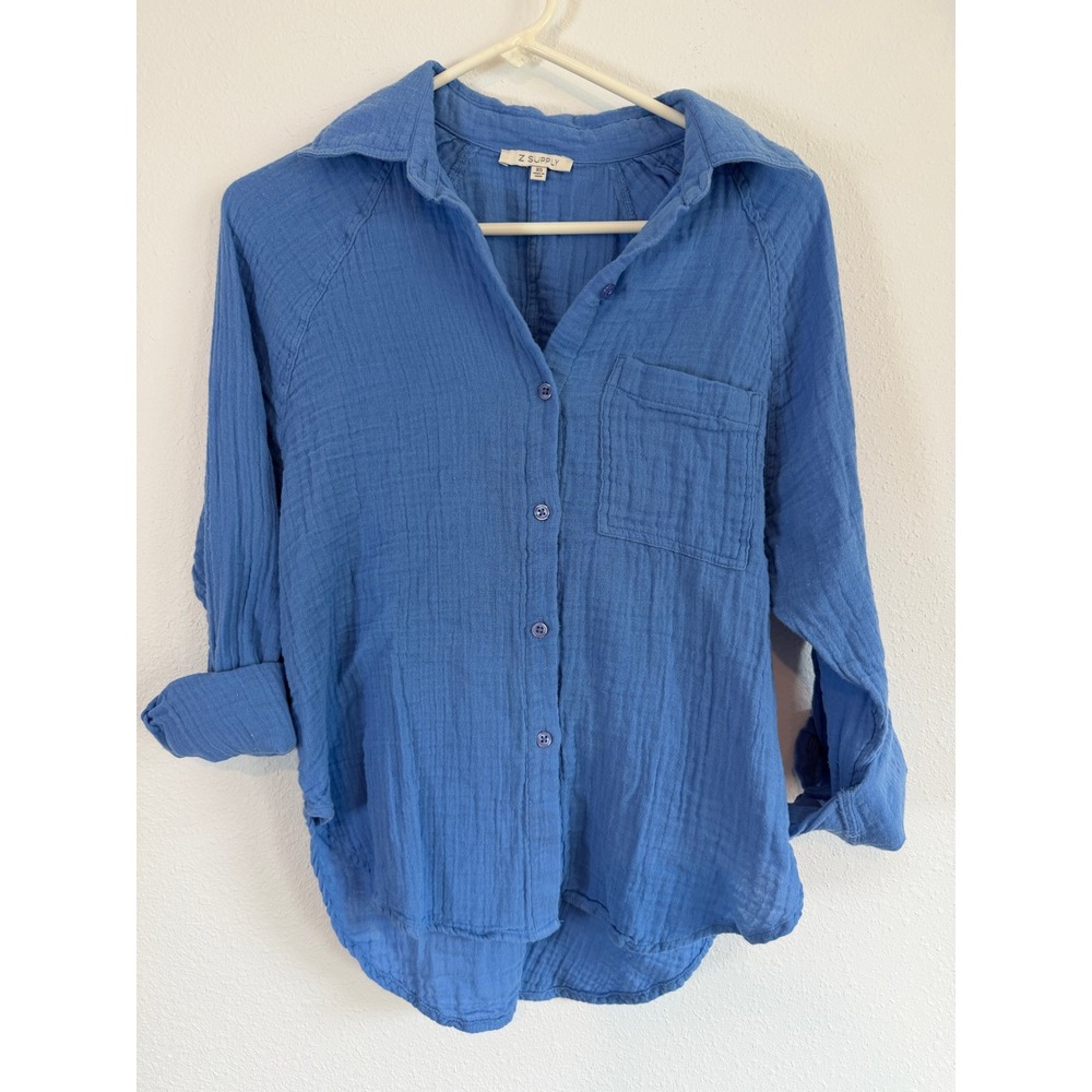 Z Supply Maya Gauze Button Down Shirt Blue Cotton Raglan XS ZT252684E